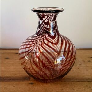 Hand Blown Glass Vase with Pulled Feathers Design in Red